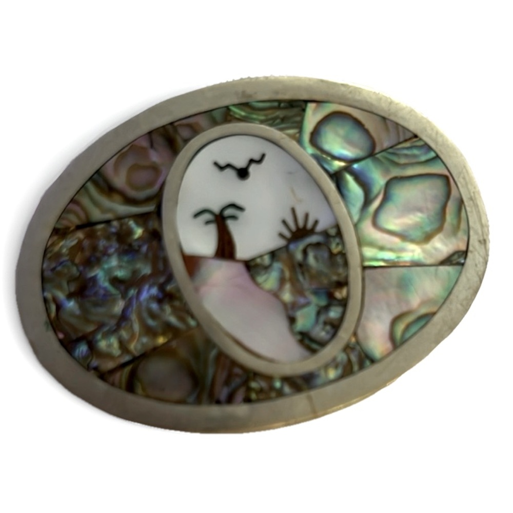 Oval Abalone Shell Belt Buckle With Scenic Inlay Small
